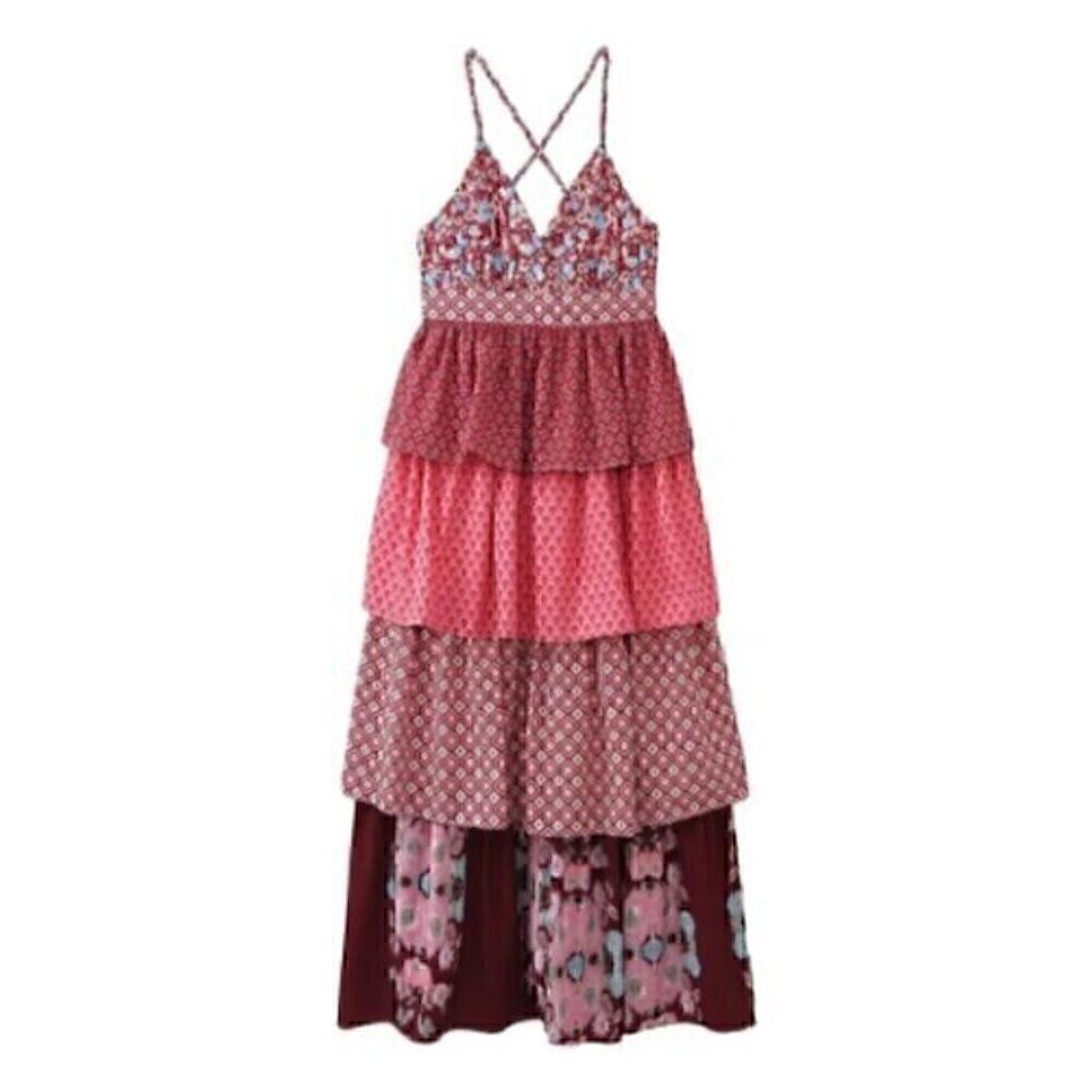 Floral Burgundy Crossback Strap Plunge Tier Ruffle Layer Vintage Maxi Dress L - Picture 3 of 16